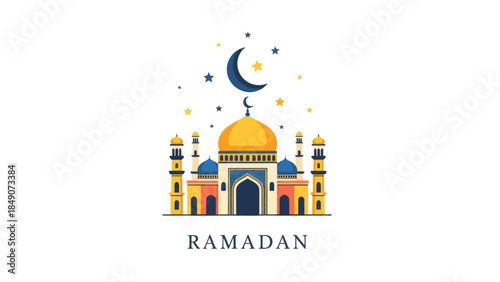 Ramadan celebration illustration featuring mosque with moon and stars