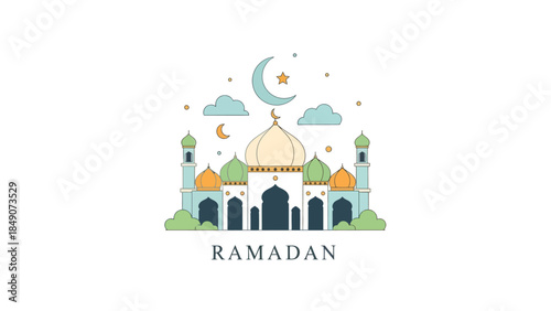 Ramadan Islamic Celebration with Moon and Mosque Illustration