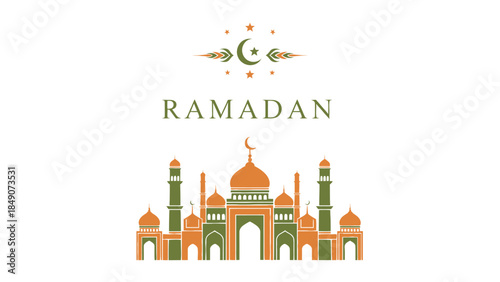 Elegant Ramadan themed illustration featuring a majestic mosque with minarets