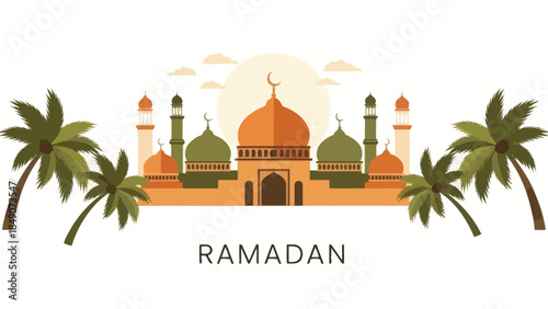 Serene Ramadan Mosque Scene with Palm Trees and Sunset Sky