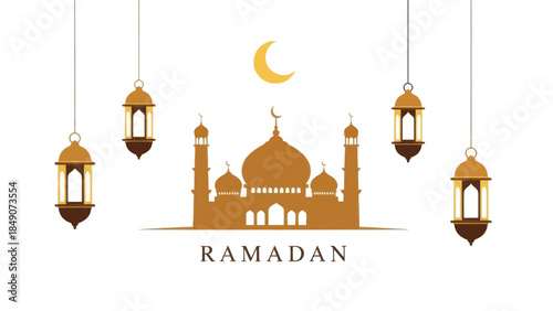Elegant Ramadan Lanterns and Symbolic Crescent with Mosque Silhouette