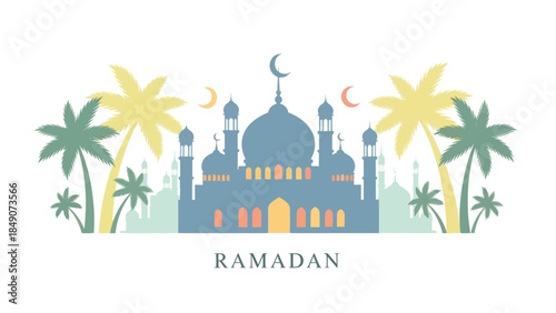 Ramadan Celebration Scene with Mosque and Palm Trees Illustrative Artwork