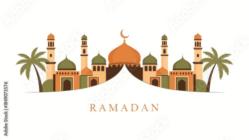 Elegant Ramadan Greetings Featuring Islamic Architecture and Crescent Moon