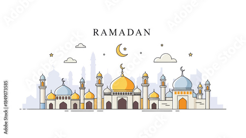 Elegant Ramadan Illustration Featuring Mosque Silhouette with Crescent Moon