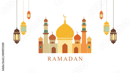 Elegant Illustration of a Mosque with Hanging Lanterns for Ramadan Celebration