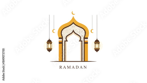 Elegant Ramadan-themed mosque arch with hanging lanterns and crescent moons