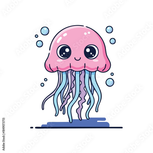 A cute cartoon pink jellyfish with big eyes and blue tentacles surrounded by bubbles on a white background with a playful mood.