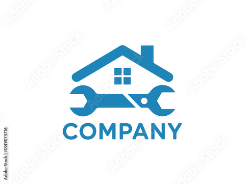 Blue house repair company logo with wrench and tools on white background