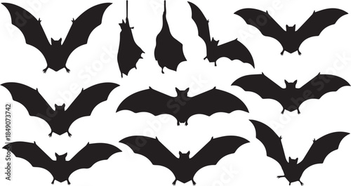 Collection of black bat silhouettes in various flying and hanging poses