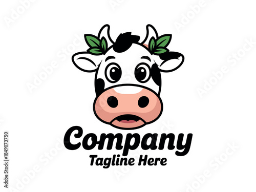 Cartoon Cow Face Company Logo with Green Leaves and Text Space for Tagline