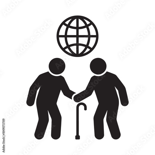 People supporting an elderly person with a walking cane near a globe