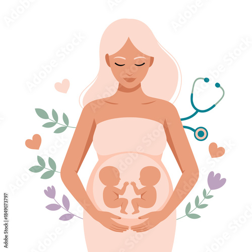 Pregnant Woman Expecting Twins with Medical Symbols Showing Maternity Care