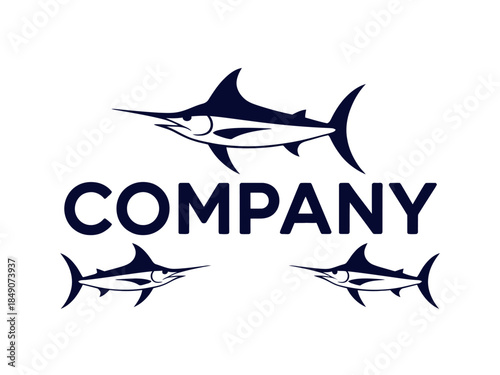 Navy Blue Marlin Fish Company Logo with Three Swordfish Illustrations on White Background