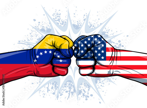 usa america venezuela war fighting conflict tension punching fists flags concept side view illustration vector on white background