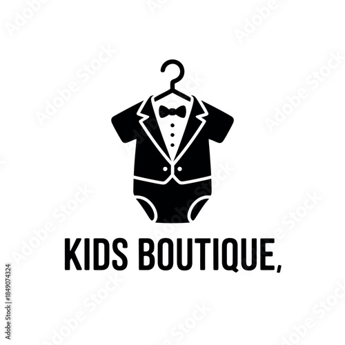 Stylish Baby Boy Tuxedo Outfit Hanging on Hook in Kids Fashion Boutique Store Logo