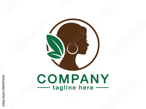 Modern Company Logo with Green Leaf and Brown Silhouette of African American Woman