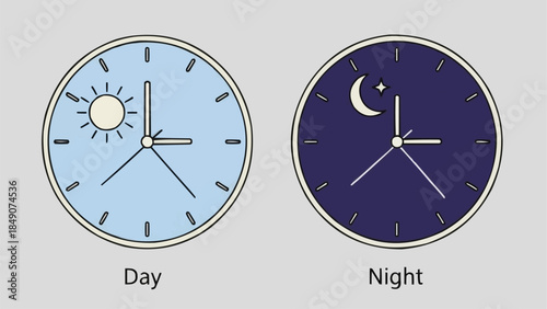 Day and Night Clock Faces Illustrating Time Cycles.