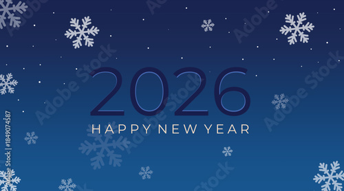 A festive, deep blue night sky fades to gradient with scattered snowflakes and a bold 2026, perfect for New Year wishes, winter celebrations, and festive campaigns.