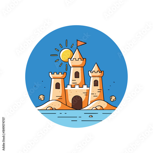 A cartoon illustration of a sandcastle with towers and a flag on a beach with blue water and a sunny sky in a circular frame.