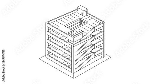 A detailed architectural rendering of a multi level parking garage structure in a minimalist style