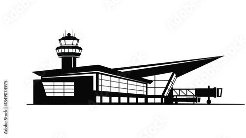 A striking black and white illustration depicting an airport terminal and control tower structure