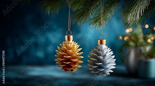 Detail shot of pine cones dipped in gold and silver, hanging among the lights on a Christmas tree. The dark blue background has a wet-look glitter paint effect for maximum shine
