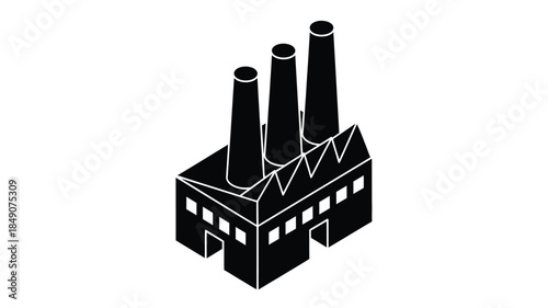 A simple black and white illustration depicts a factory building with four smokestacks
