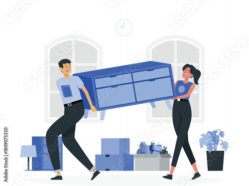 Man and woman carrying blue dresser surrounded by moving boxes people furniture