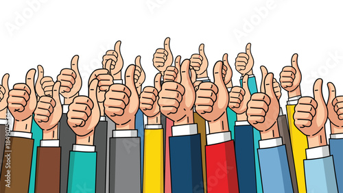 Diverse group of people giving thumbs up in a show of approval and solidarity from a front viewpoint