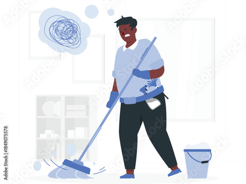 Man cleaning floor with mop and bucket broom