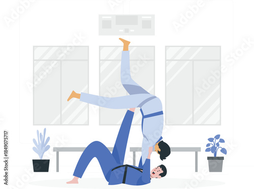 Man doing acrobatics with woman in office blue clothes business casual d