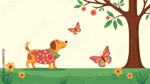 Cute Dachshund Dog Wearing a Colorful Shirt and Collar.