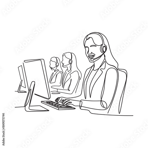 Line art illustration of customer service representatives at their workstations