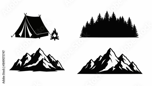 Camping Tent Forest and Mountain Silhouettes for Outdoor Adventure.