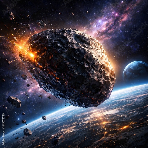 Massive asteroid approaching earth in outer space