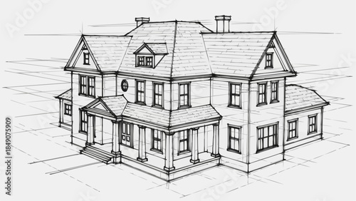 Detailed Architectural Sketch of a Grand Victorian House.