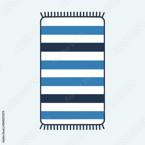 Illustration of a blue, white, and dark blue striped rug with fringe on a plain background.