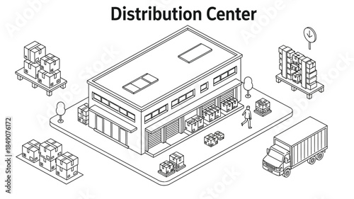 Isometric illustration of a distribution center with trucks pallets and warehouse infrastructure