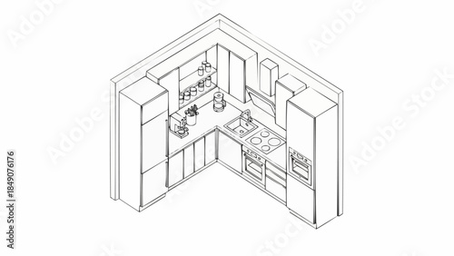 Modern L-Shaped Kitchen Design Sketch with Appliances and Cabinets.
