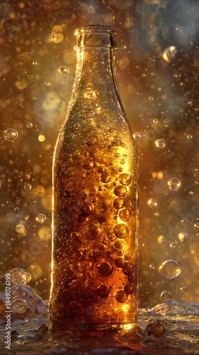 Glass Bottle Sitting on a Surface With Bubbles and Golden Lighting