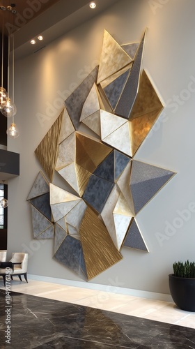Abstract Metal Geometric Sculpture Wall Art With Gold and Gray Colors in Daytime