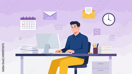 Man working at desk with office icons