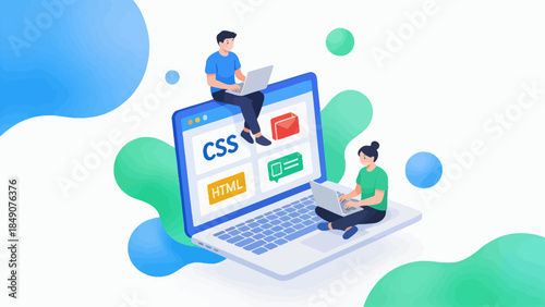 Two people working on laptops with coding symbols