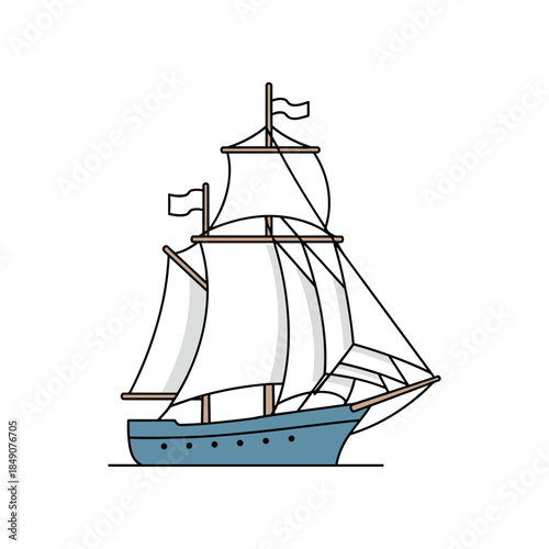 A classic sailing ship with full white sails billowing in the wind.