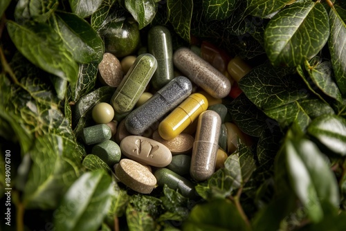 Assorted Pills and Capsules Within a Wooden Frame, Surrounded by Green Tropic...