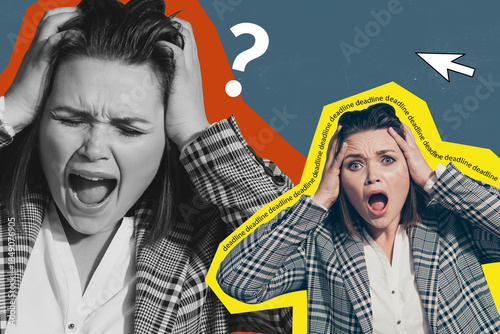 Trendy art creative vertical photo collage of minded girl think decision scribble brainstorming concept contemplation headache