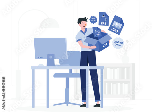 Man holding file box with E P S J P G O T F Z I P files emerging computer desk