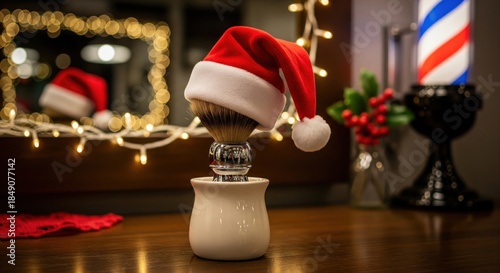 Christmas Santa hat on barber shaving brush in classic barbershop decor