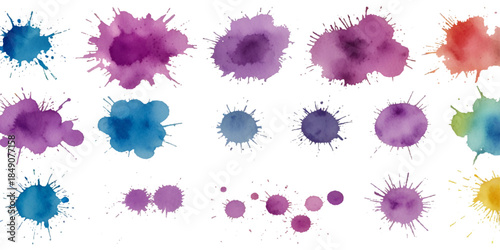 Collection of colorful abstract watercolor splashes and ink blot splatters showing grunge drops, stains, and blobs on white with dynamic artistic flow and texture

