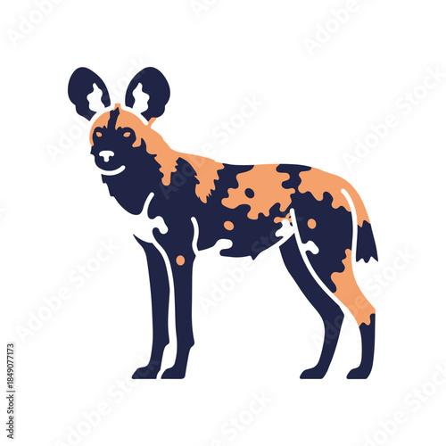 African wild dog standing alert with distinctive coat pattern.